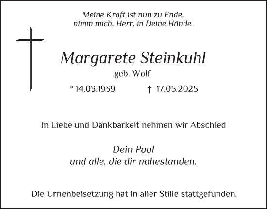 Traueranzeige von Margarete Steinkuhl von Tageszeitung