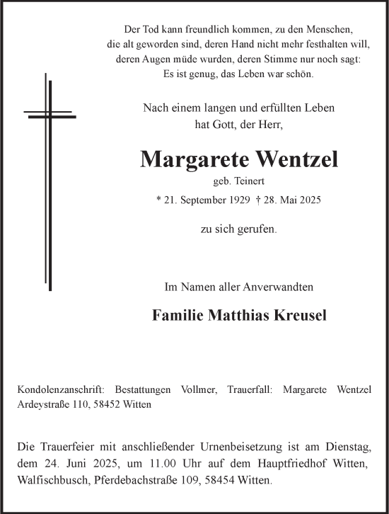 Traueranzeige von Margarete Wentzel von Tageszeitung
