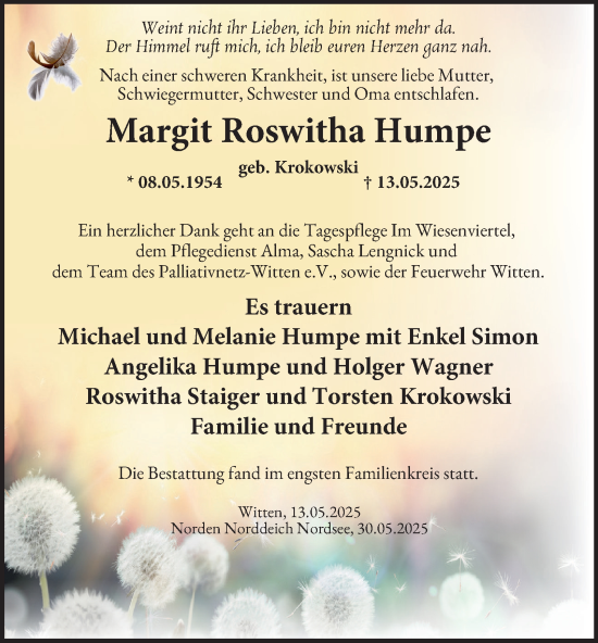 Traueranzeige von Margit Roswitha Humpe von Tageszeitung