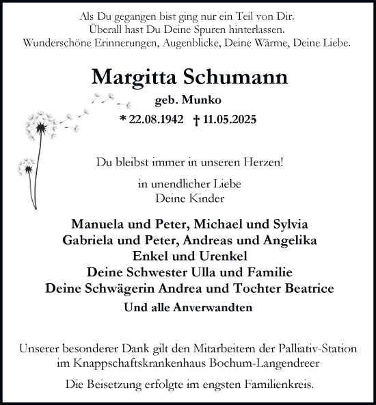 Traueranzeige von Margitta Schumann von Tageszeitung