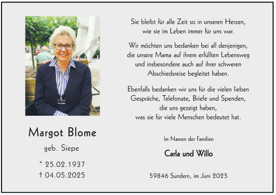 Traueranzeige von Margot Blome von Tageszeitung