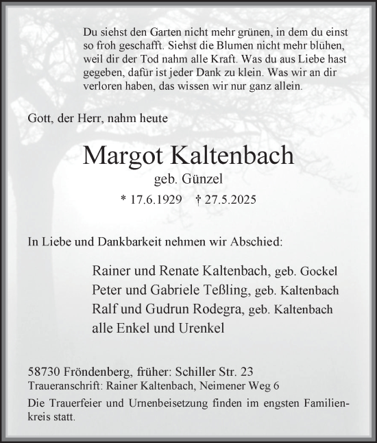 Traueranzeige von Margot Kaltenbach von Tageszeitung