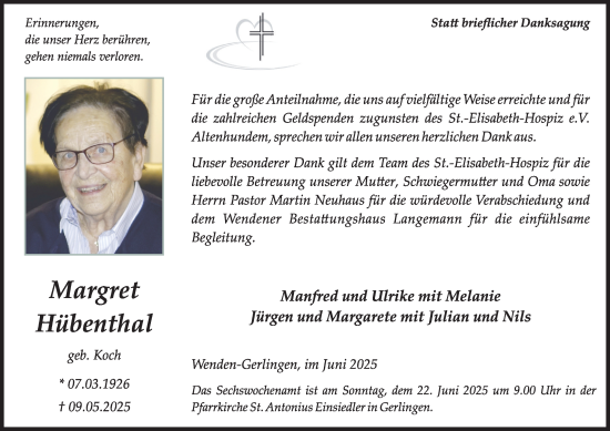 Traueranzeige von Margret Hübenthal von Tageszeitung
