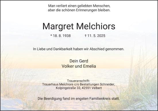 Traueranzeige von Margret Melchiors von Tageszeitung