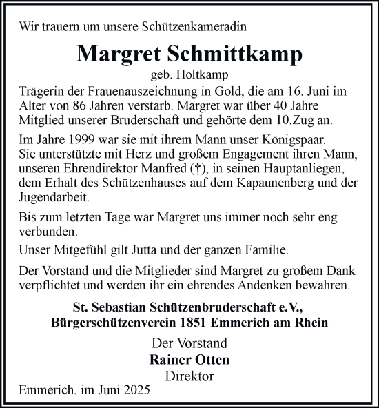 Traueranzeige von Margret Schmittkamp von Tageszeitung