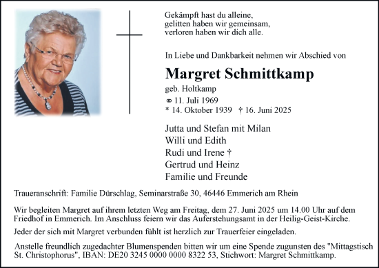 Traueranzeige von Margret Schmittkamp von Tageszeitung