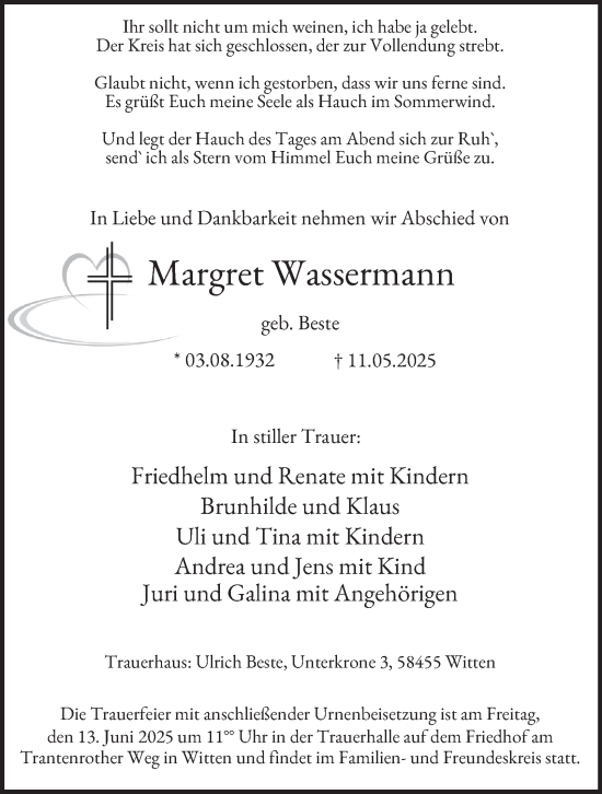 Traueranzeige von Margret Wassermann von Tageszeitung