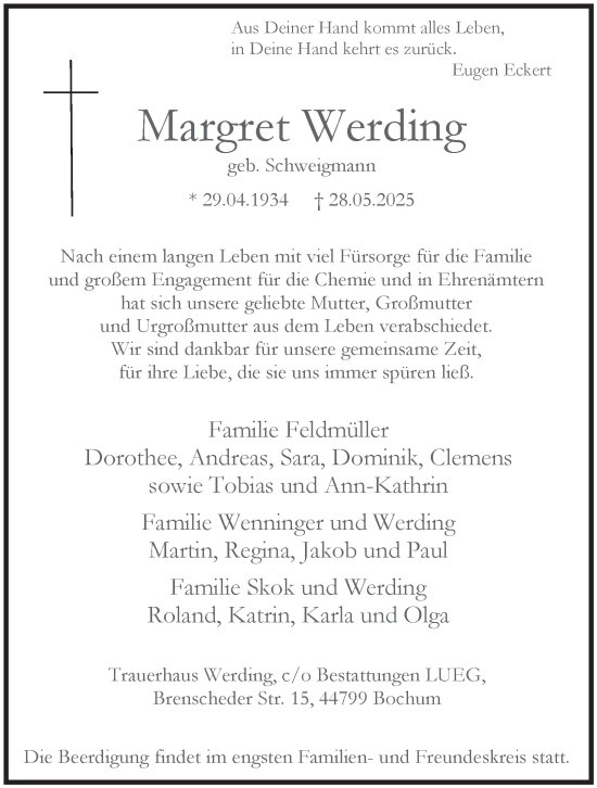 Traueranzeige von Margret Werding von Tageszeitung