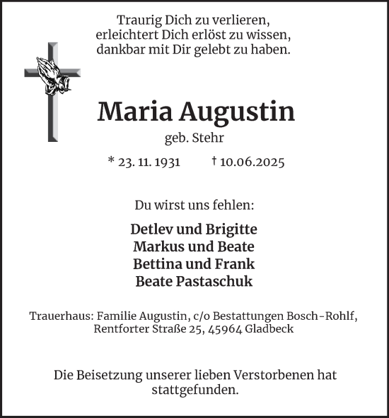 Traueranzeige von Maria Augustin von Tageszeitung