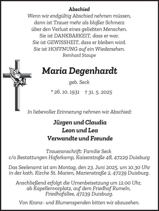 Traueranzeige von Maria Degenhardt von Tageszeitung