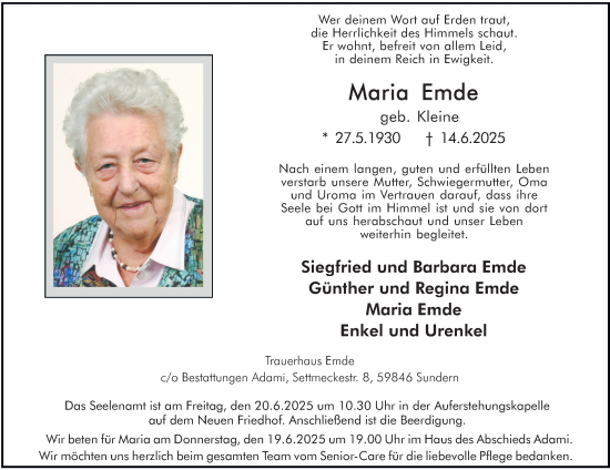 Traueranzeige von Maria Emde von Tageszeitung
