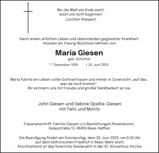 Traueranzeige von Maria Giesen von Tageszeitung