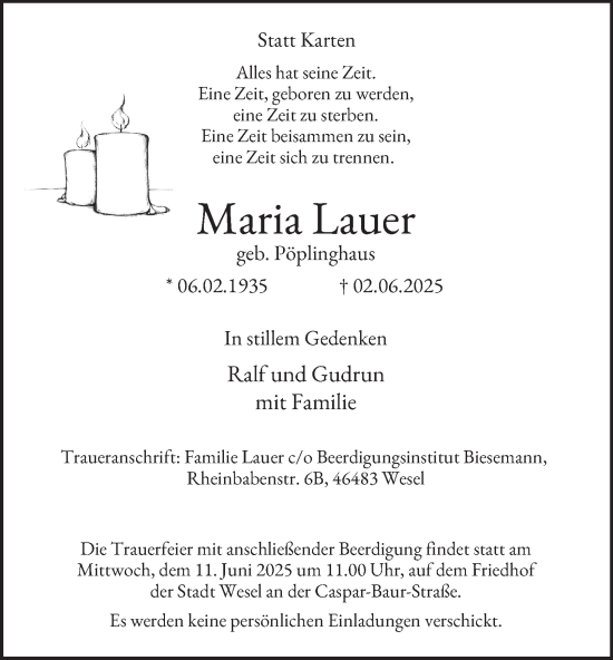 Traueranzeige von Maria Lauer von Tageszeitung