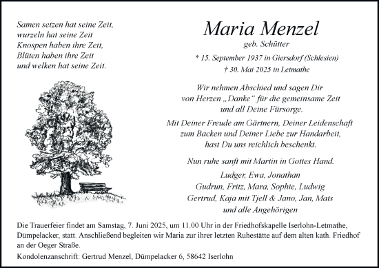 Traueranzeige von Maria Menzel von Tageszeitung