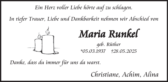 Traueranzeige von Maria Runkel von Tageszeitung