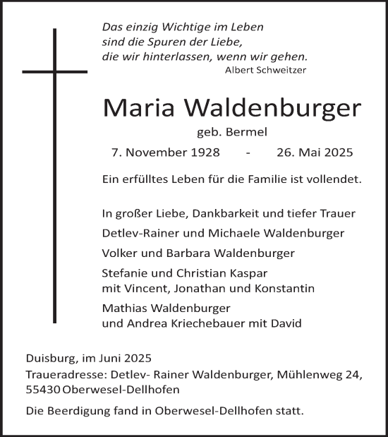 Traueranzeige von Maria Waldenburger von Tageszeitung