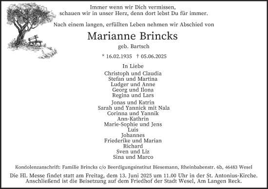 Traueranzeige von Marianne Brincks von Tageszeitung