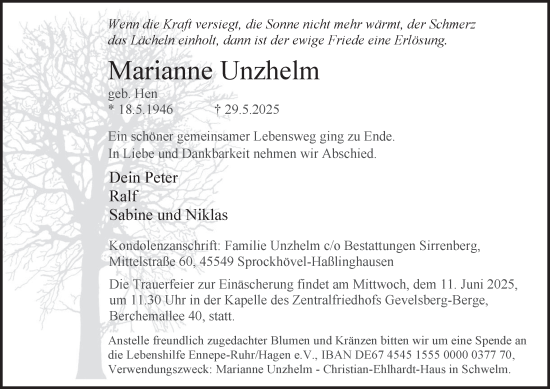 Traueranzeige von Marianne Unzhelm von Tageszeitung