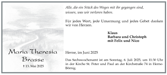 Traueranzeige von Maria Theresia Brasse von Tageszeitung