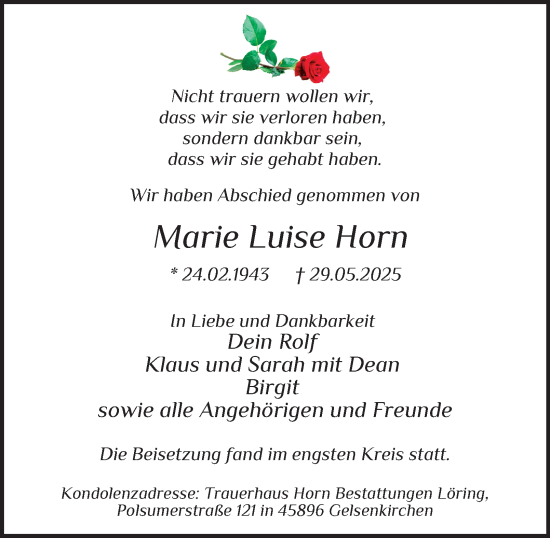 Traueranzeige von Marie Luise Horn von Tageszeitung