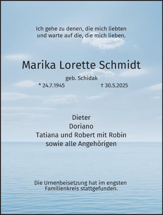 Traueranzeige von Marika Lorette Schmidt von Tageszeitung