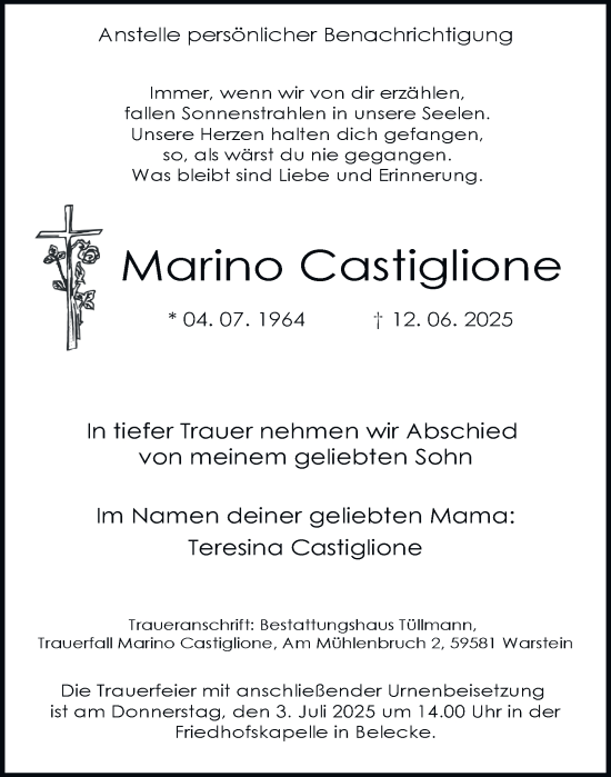Traueranzeige von Marino Castiglione von Tageszeitung