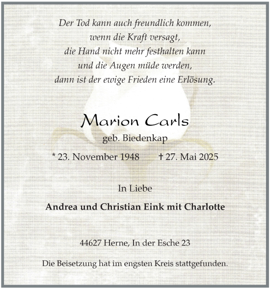 Traueranzeige von Marion Carls von Tageszeitung