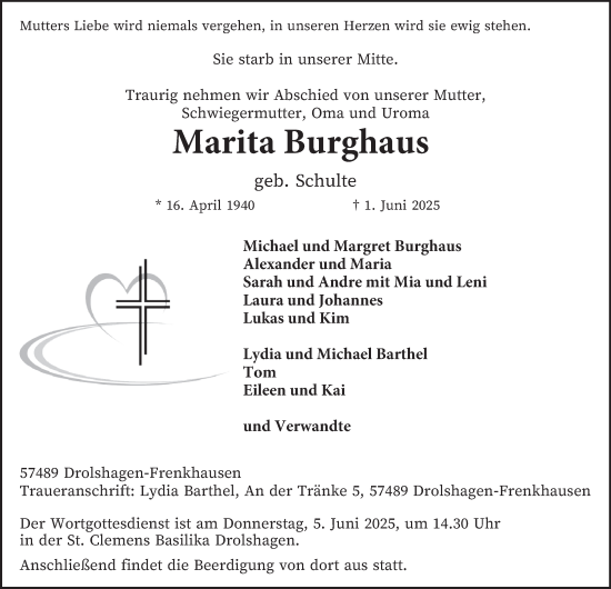 Traueranzeige von Marita Burghaus von Tageszeitung