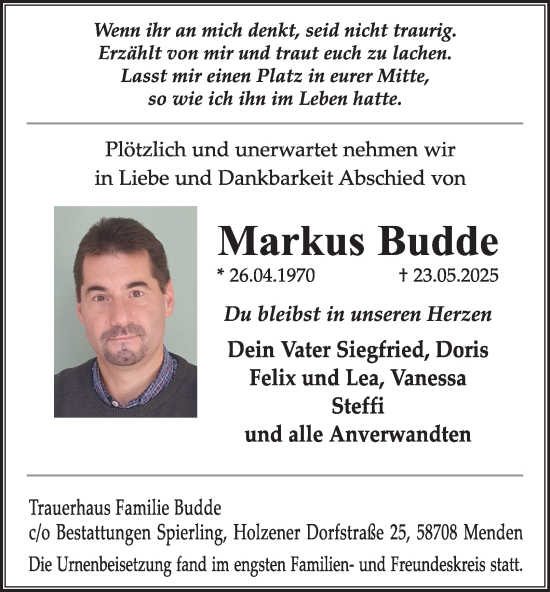 Traueranzeige von Markus Budde von Tageszeitung