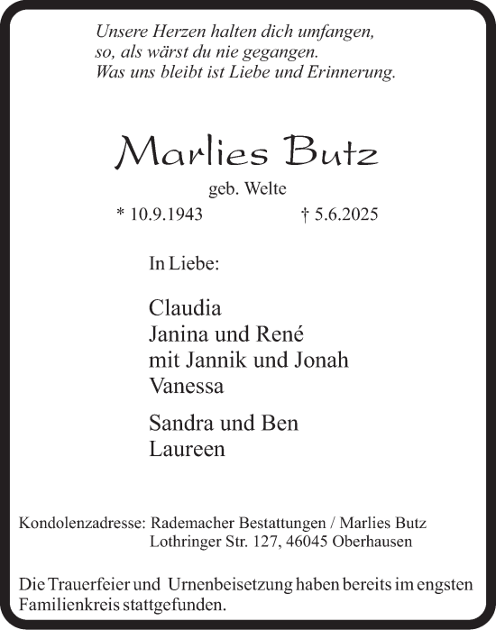 Traueranzeige von Marlies Butz von Tageszeitung