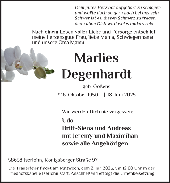 Traueranzeige von Marlies Degenhardt von Tageszeitung