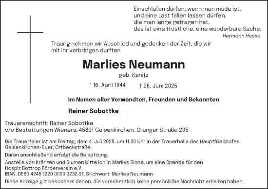 Traueranzeige von Marlies Neumann von Tageszeitung