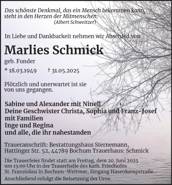Traueranzeige von Marlies Schmick von Tageszeitung