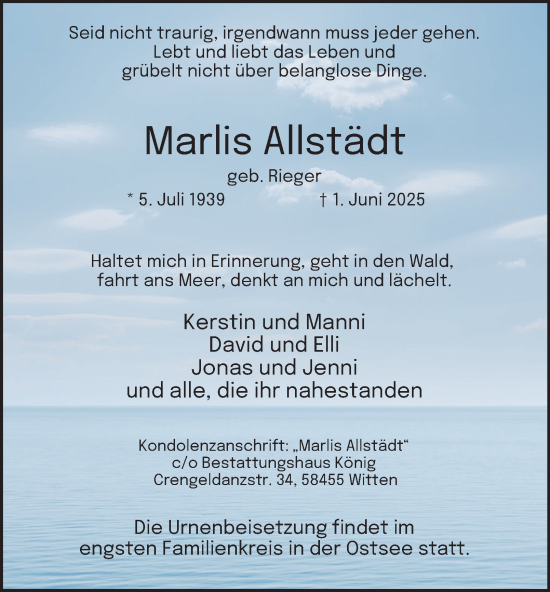 Traueranzeige von Marlis Allstädt von Tageszeitung
