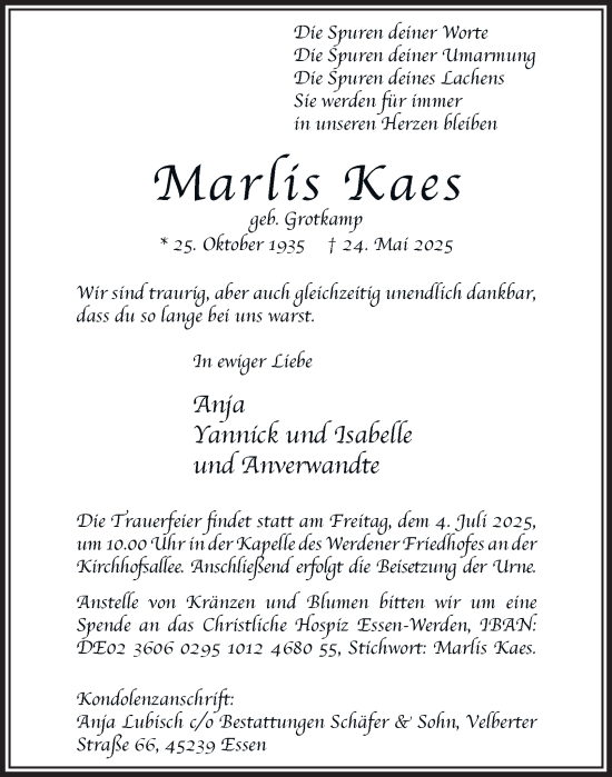 Traueranzeige von Marlis Kaes von Tageszeitung
