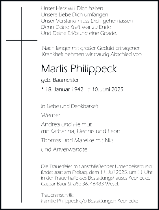 Traueranzeige von Marlis Philippeck von Tageszeitung
