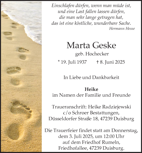 Traueranzeige von Marta Geske von Tageszeitung
