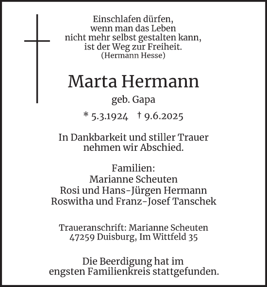 Traueranzeige von Marta Hermann von Tageszeitung