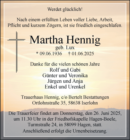 Traueranzeige von Martha Hennig von Tageszeitung