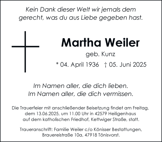 Traueranzeige von Martha Weiler von Tageszeitung