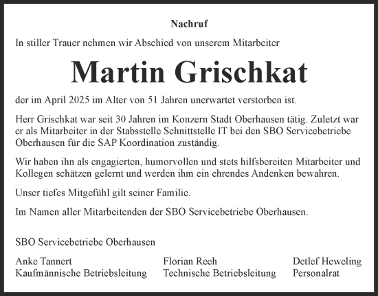 Traueranzeige von Martin Grischkat von Tageszeitung