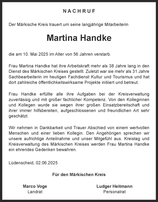 Traueranzeige von Martina Handke von Tageszeitung