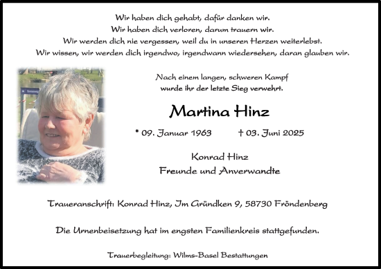 Traueranzeige von Martina Hinz von Tageszeitung