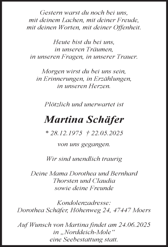 Traueranzeige von Martina Schäfer von Tageszeitung
