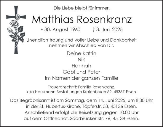 Traueranzeige von Matthias Rosenkranz von Tageszeitung