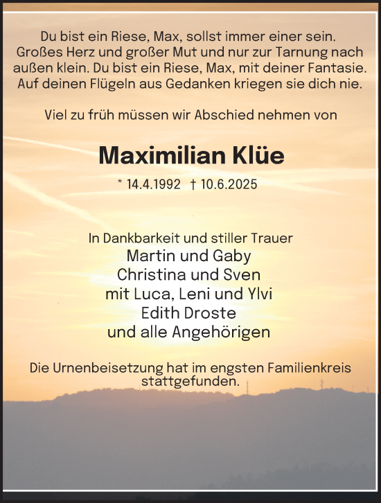 Traueranzeige von Maximilian Klüe von Tageszeitung