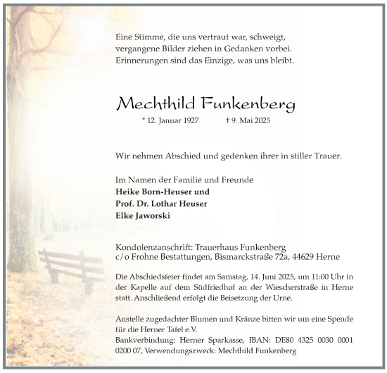 Traueranzeige von Mechthild Funkenberg von Tageszeitung