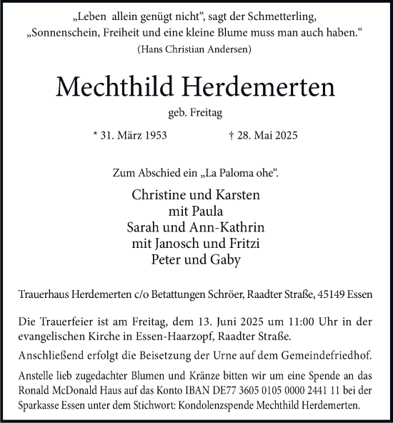 Traueranzeige von Mechthild Herdemerten von Tageszeitung