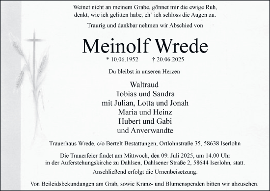 Traueranzeige von Meinolf Wrede von Tageszeitung