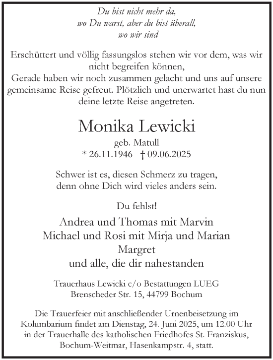 Traueranzeige von Monika Lewicki von Tageszeitung